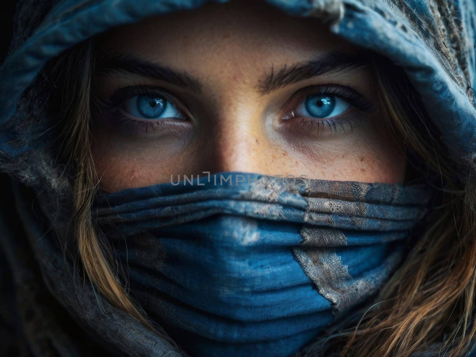 Portrait of a girl with blue eyes in a burqa with her face covered by Ekaterina34