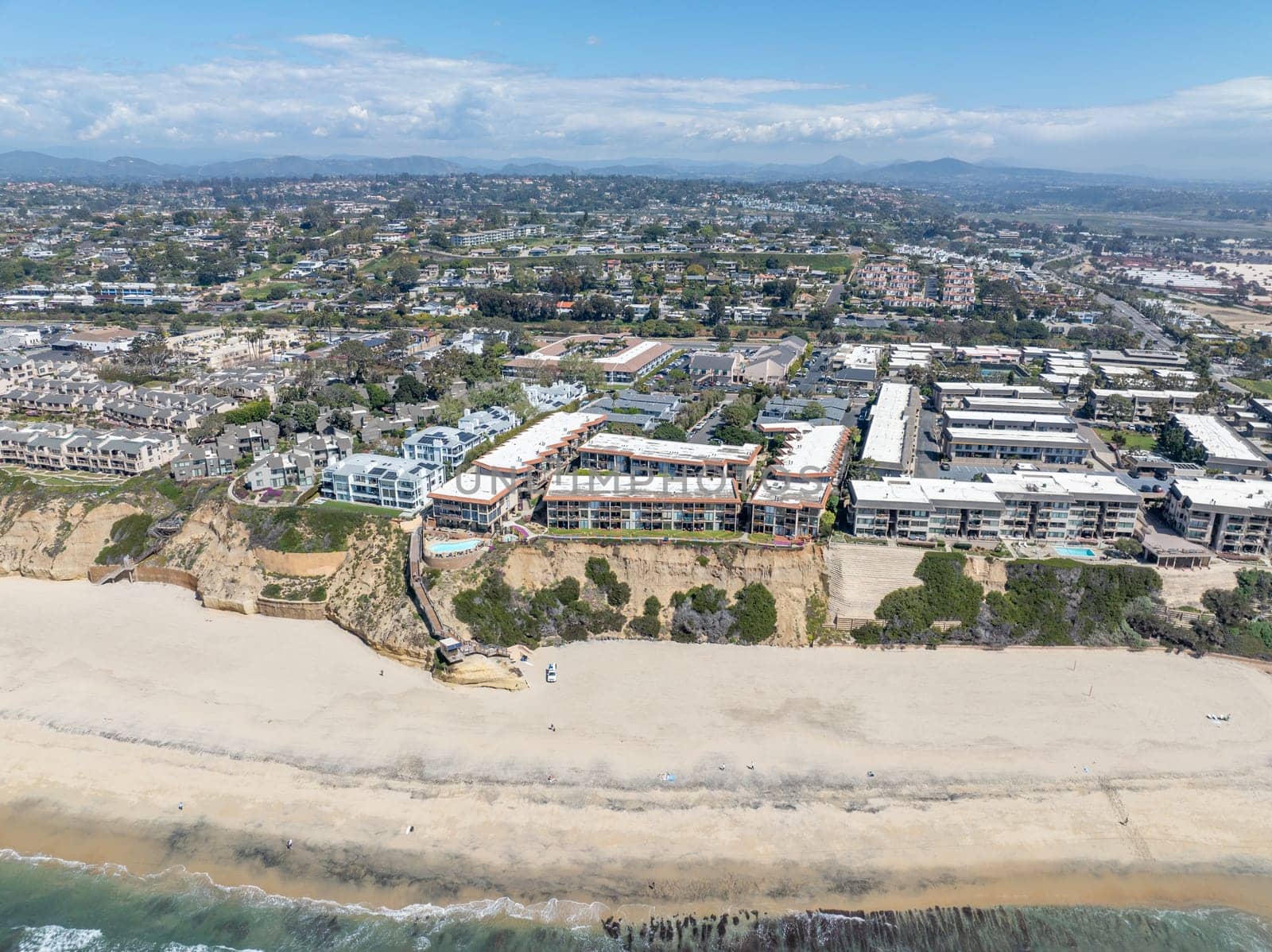 Aerial view of Del Mar Shores, California coastal cliffs and House with blue Pacific ocean. San Diego County, California, USA