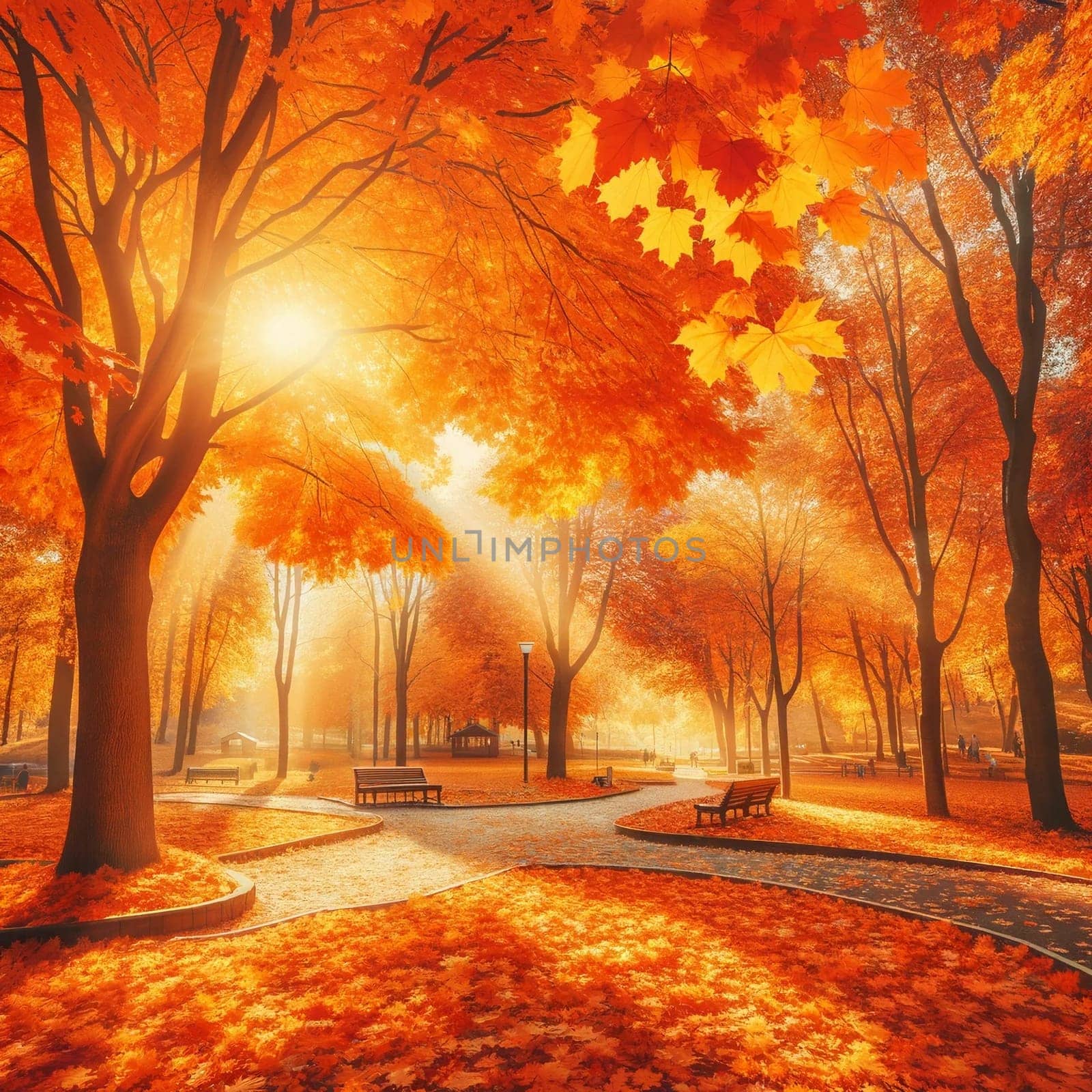 A painting capturing the beauty of autumn in a park, filled with orange fall leaves and featuring a bench surrounded by trees, against a sunny backdrop. High quality photo