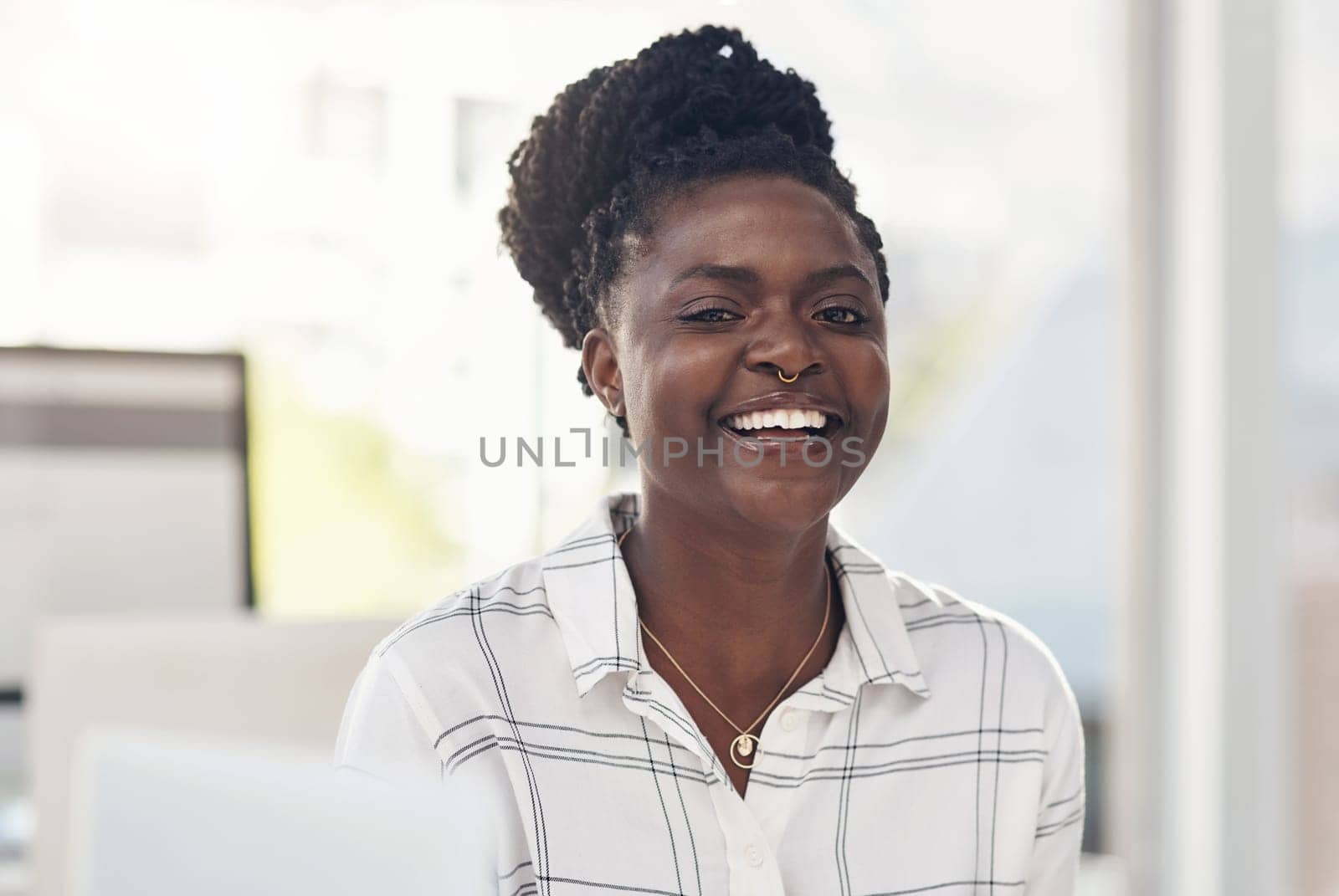 Portrait, smile and creative african woman worker in office happy with New York affirmative action. Professional, startup business and company receptionist for workplace laugh and job internship.