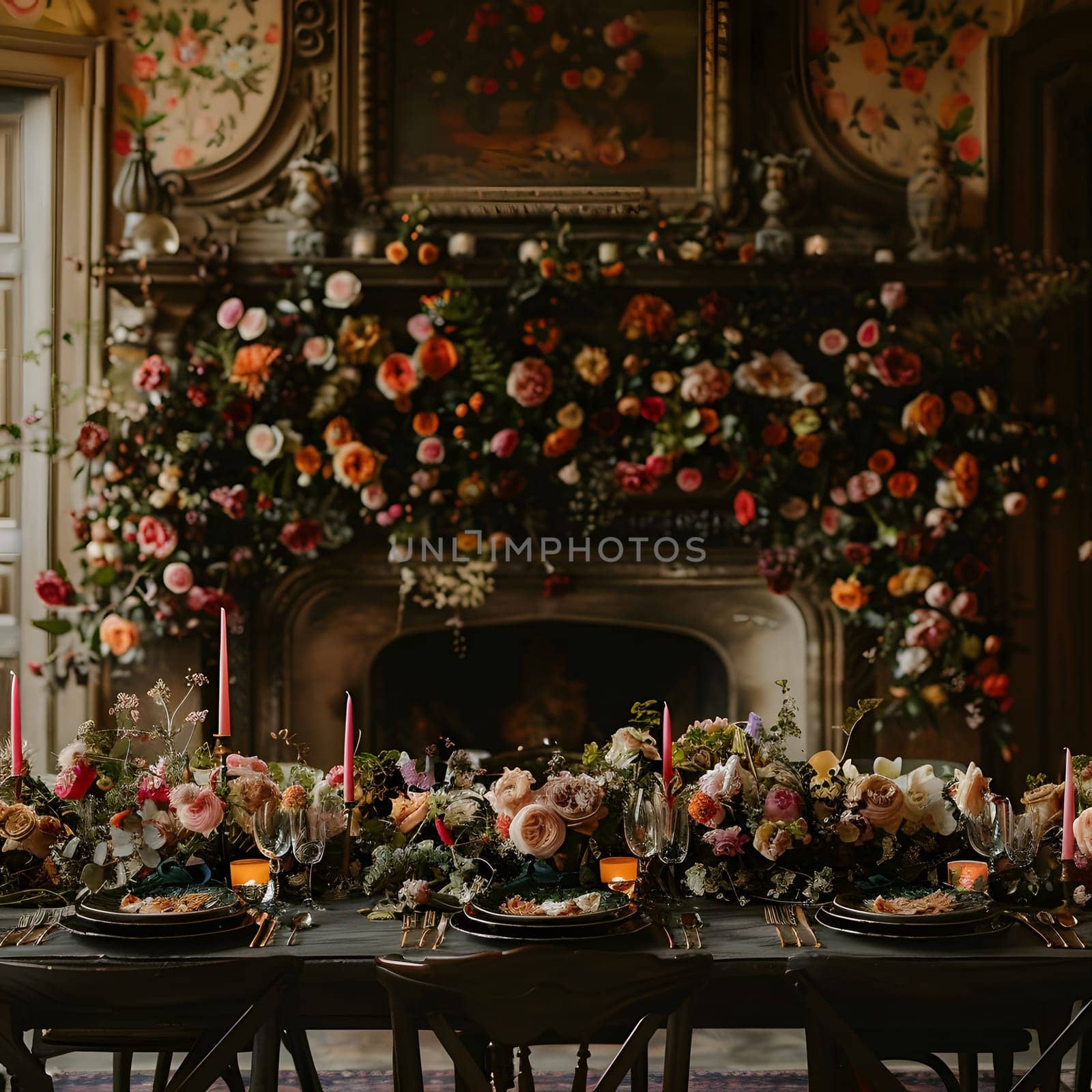An elegant table is placed in front of the fireplace, adorned with carefully arranged flowers and candles, creating a beautiful and festive atmosphere in the buildings interior design