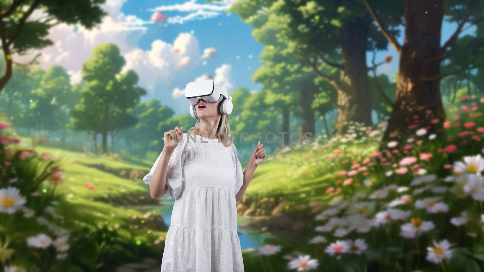 Impressive woman looking VR wonderland bokeh falling meta forest. Contraption. by biancoblue