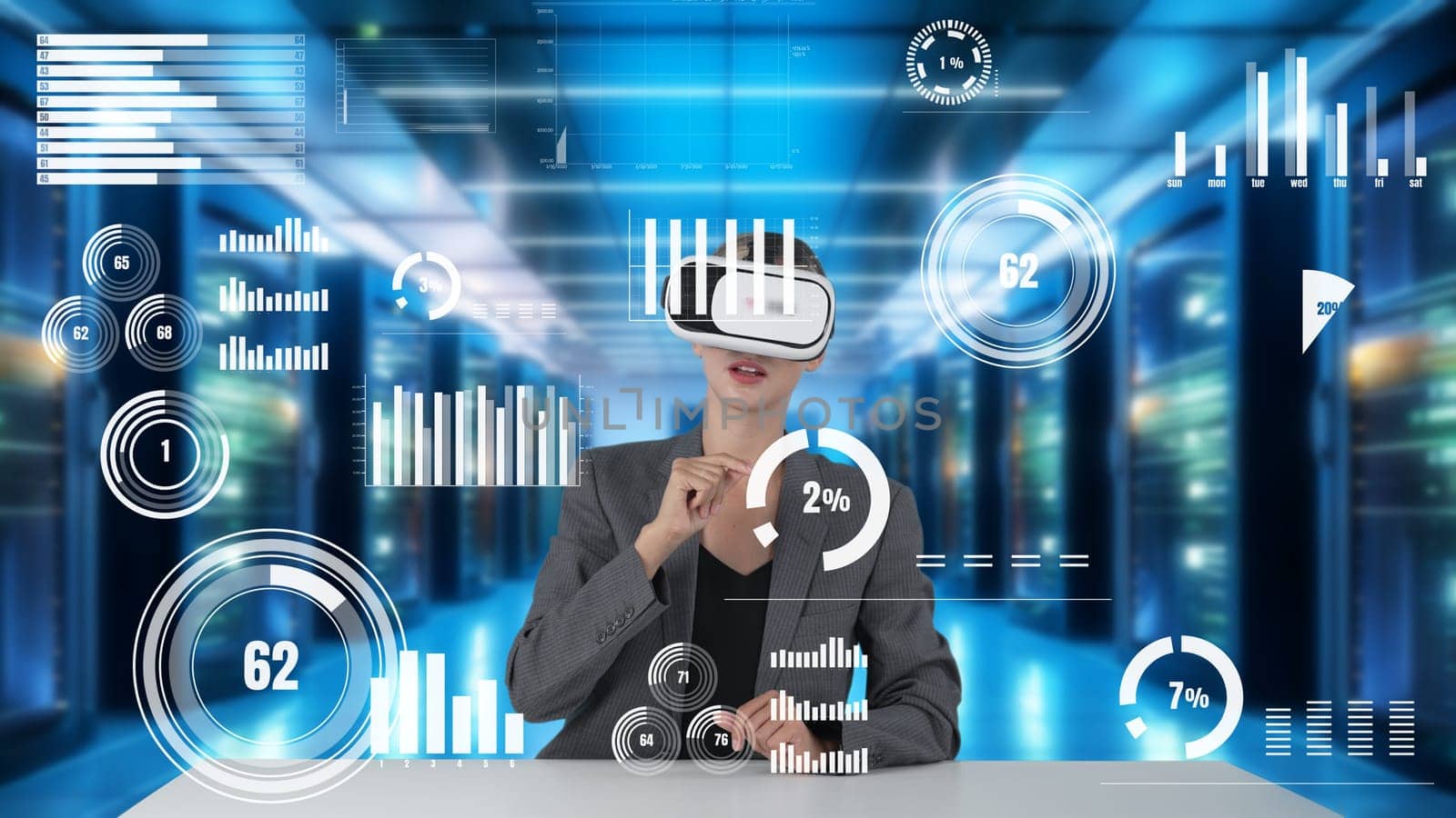 Businesswoman selecting market business data research analysis graph monitor by VR global innovation interface digital infographic network technology visual hologram animation at server. Contraption.