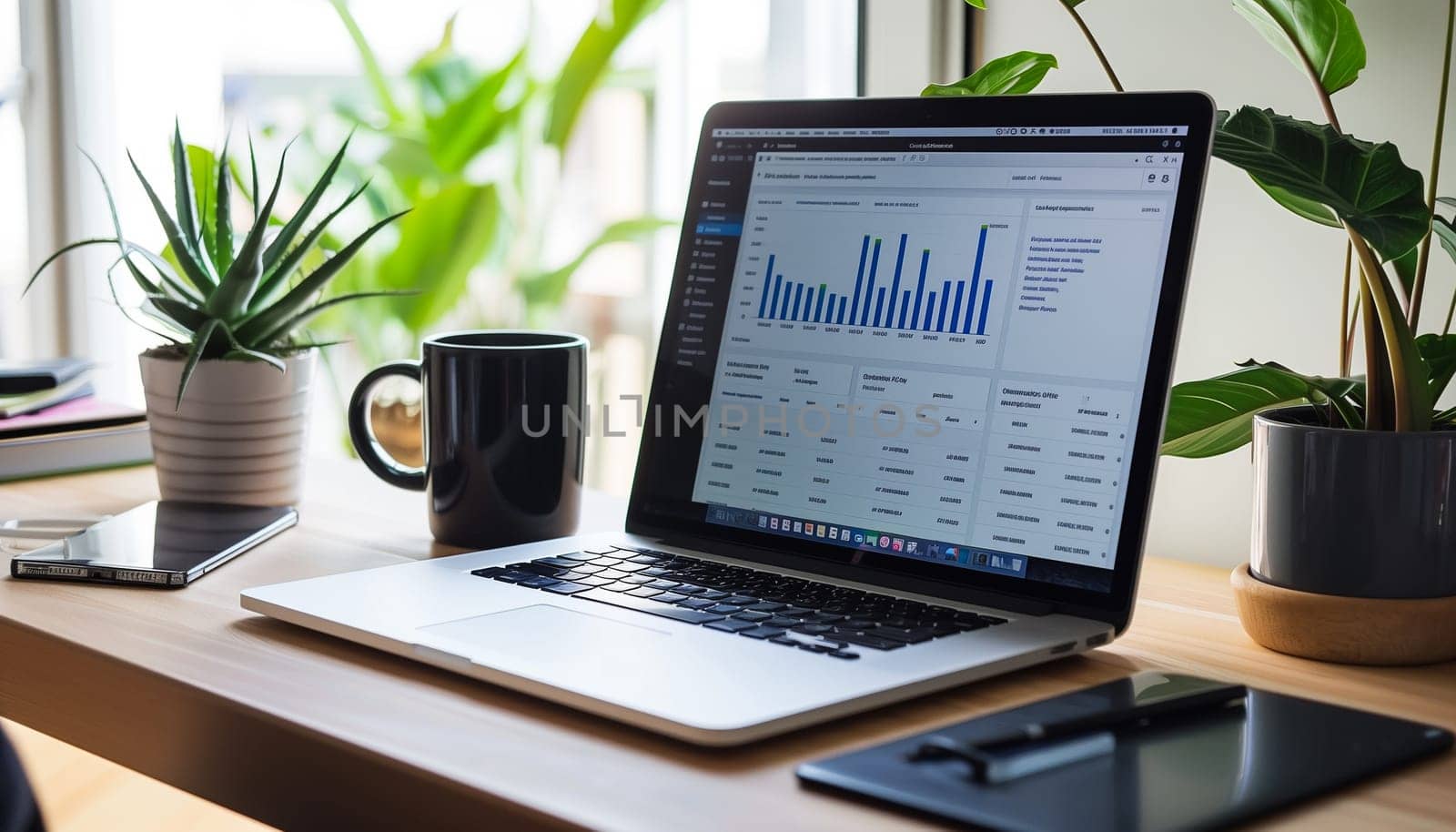 Close up view of laptop screen with financial diagram project statistics by sarymsakov