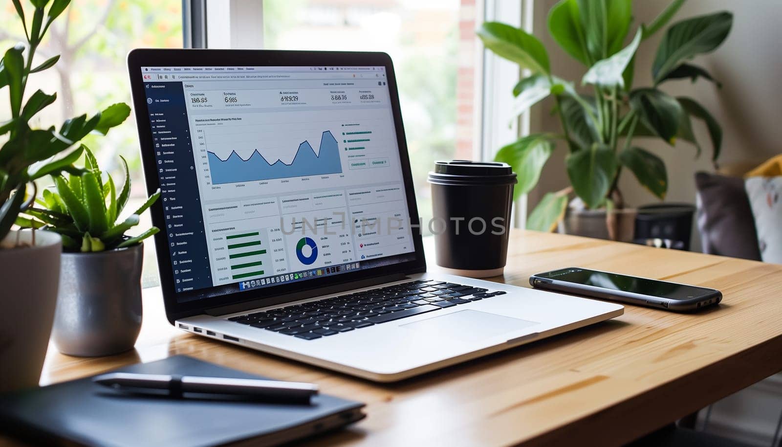 Close up view of laptop screen with financial diagram project statistics by sarymsakov