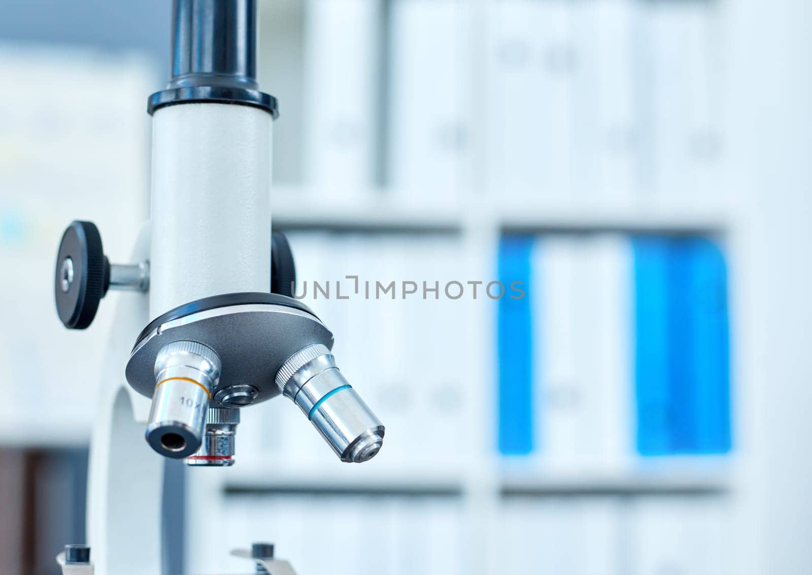 Lab, tools and microscope for medical study, vaccine development and innovation in healthcare. Science, medicine and laboratory equipment for pharmaceutical test, investigation or biotech research