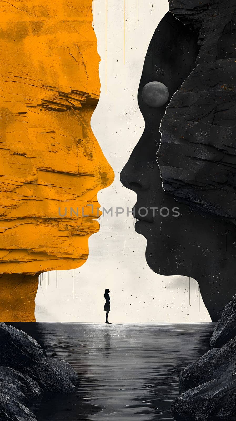 A man and a woman are admiring each others reflection in the calm waters of a tranquil lake, surrounded by a beautiful natural landscape of rocks, woods, and a picturesque formation