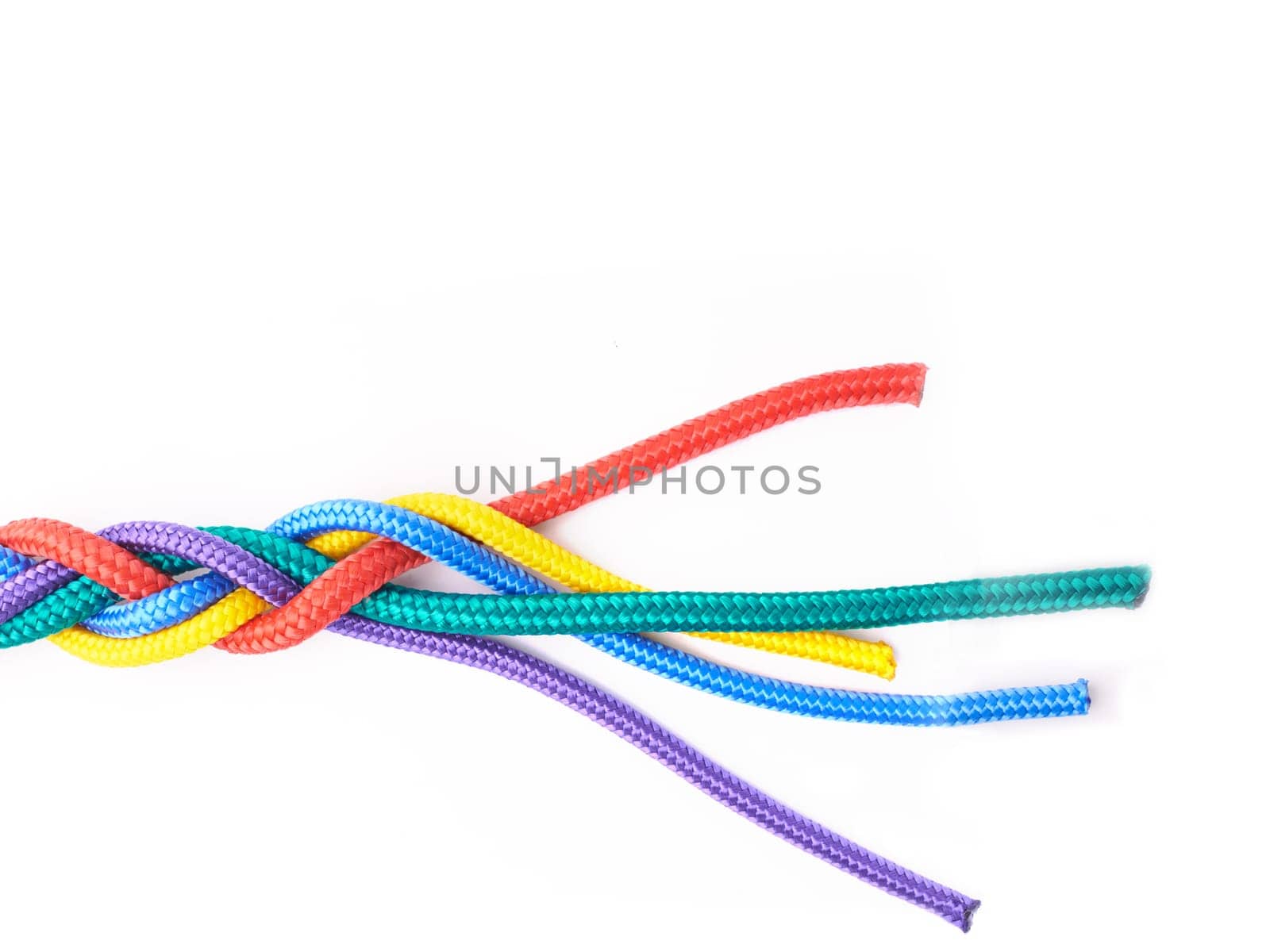 Ties, rope and connection of color in knot or flat lay braid on white background in studio for collaboration. Rainbow, cord and above abstract unity of society with link in cooperation of community.