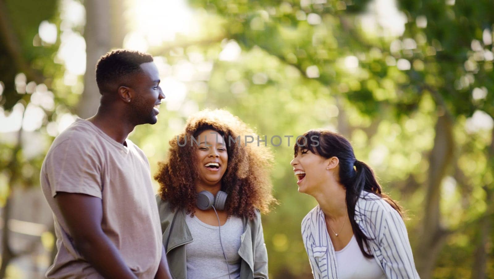 Group, friends and relax in park with laugh or discussion, choice in music or freedom. People, communication and backyard with happiness or talk in community, team with conversation for podcast by YuriArcurs