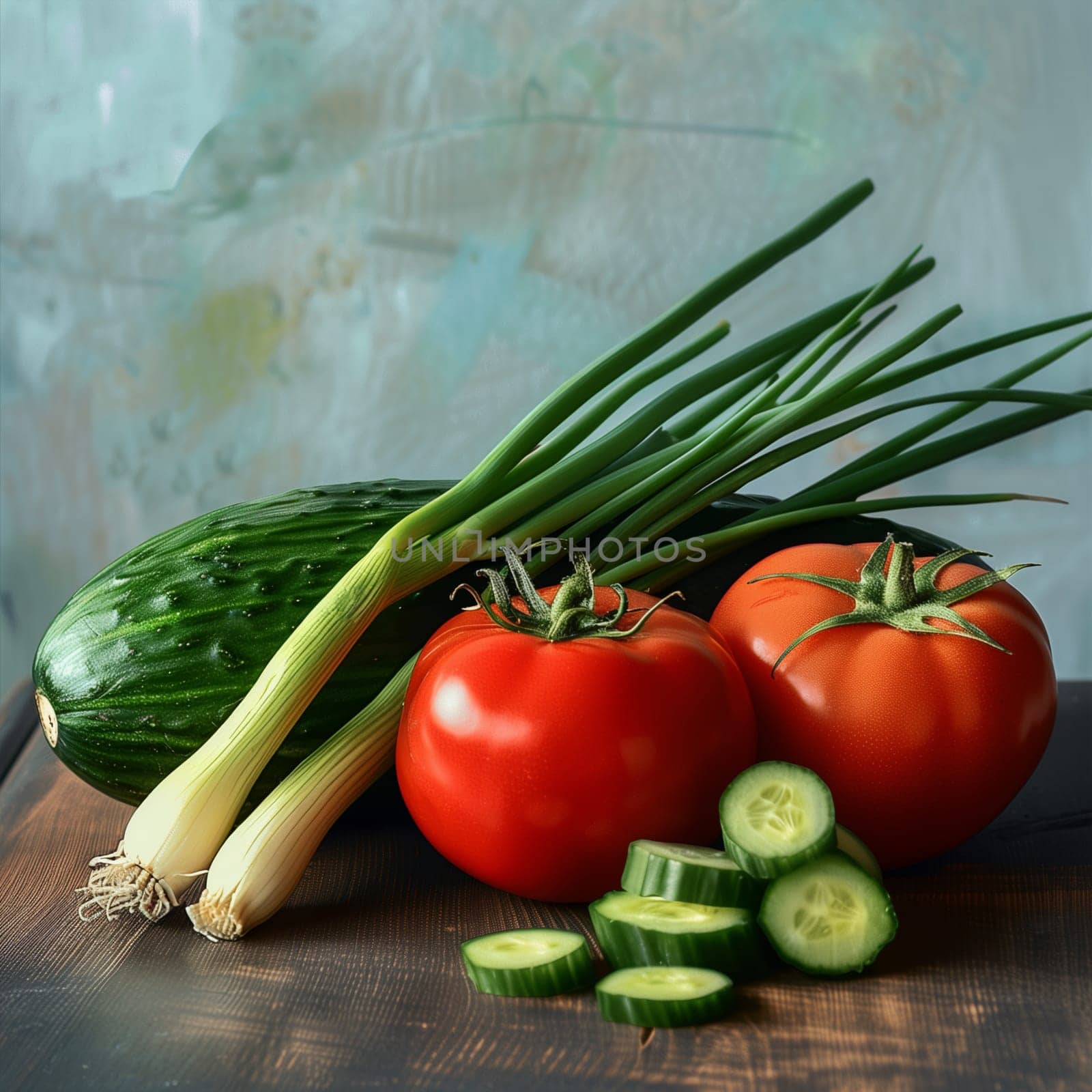 Ripe tomatoes, sliced cucumber, and vibrant green onions arranged on a rustic wooden table, showcasing fresh produce.