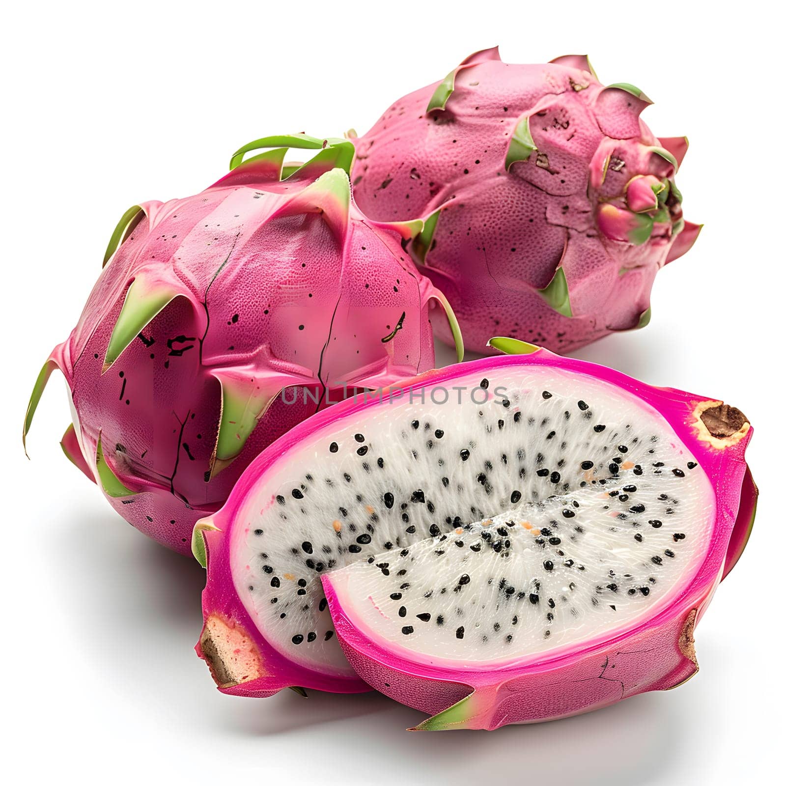 Watch a Costa Rican pitahaya, pink Dragonfruit cut in half on white background by Nadtochiy