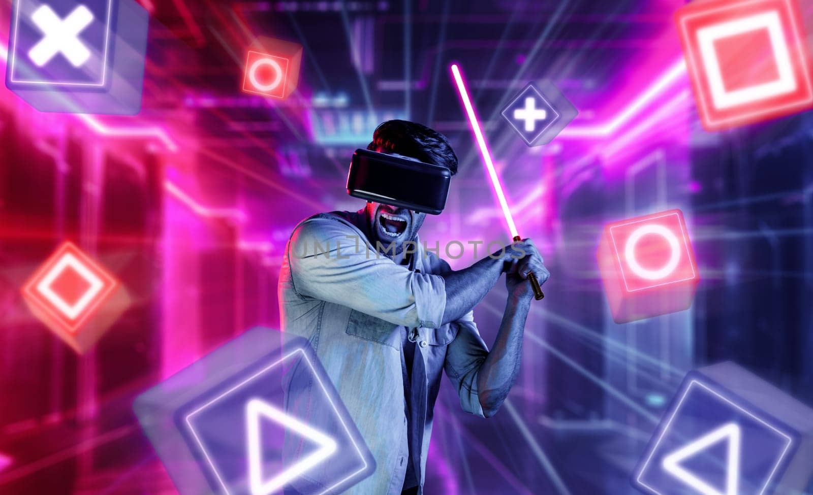 Energetic man with VR glasses fencing neon sword with music block. Deviation. by biancoblue