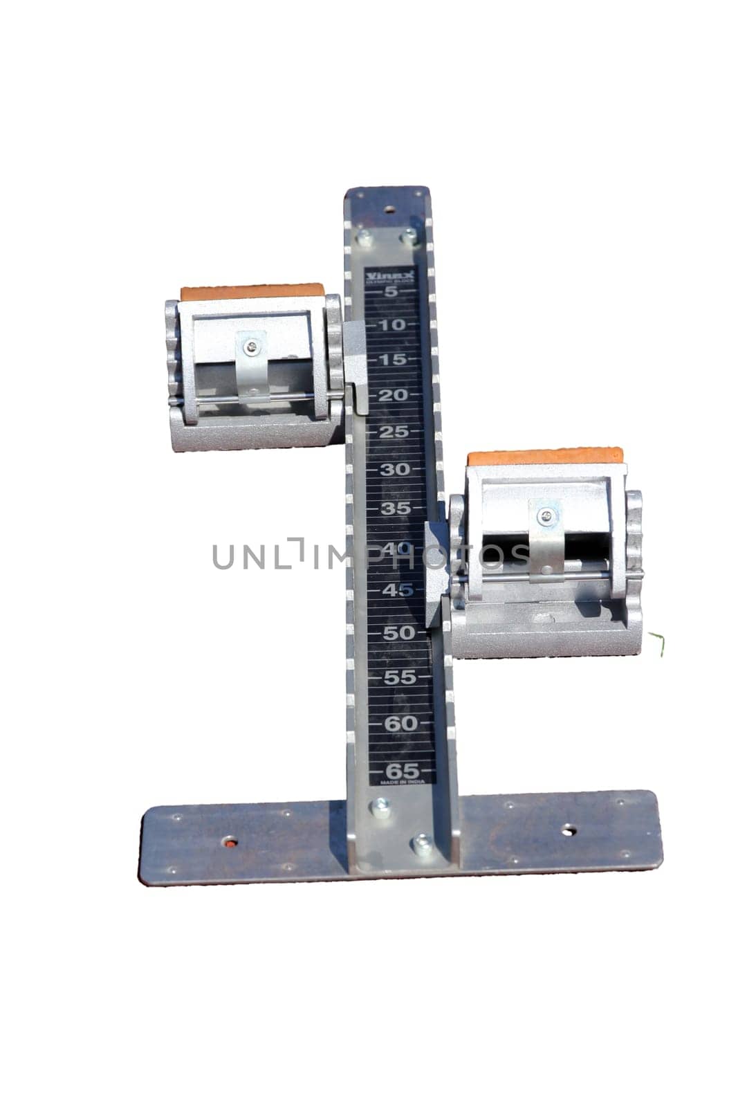 Starting blocks are a device used in the sport of track and field by sprint athletes isolated on white background.
