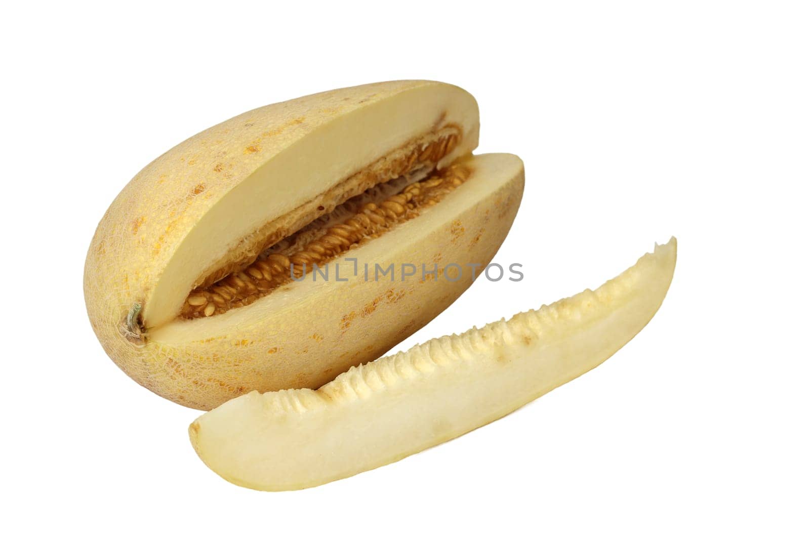 Yellow juicy melon cut on a white background