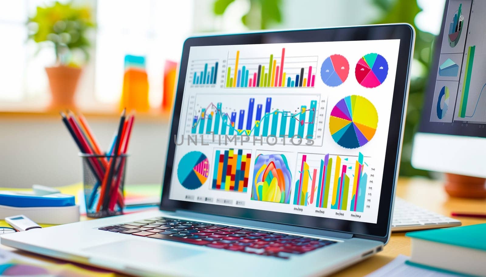 Close up view of laptop screen with financial diagram project statistics, colorful company graphs computer gadget monitor, person look at device analyze corporate finances online, economics concept