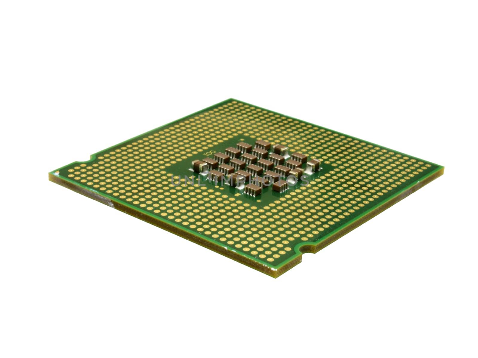 Green CPU processor chip isolated on white background.