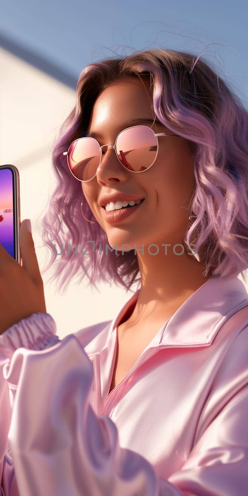 Smiling woman wearing a light purple sunscreen suit, holding a mobile phone. by sarymsakov