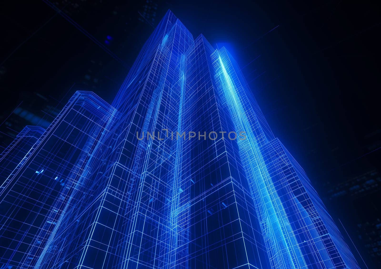 Line-based visualization: glowing skyscraper on translucent background by sarymsakov