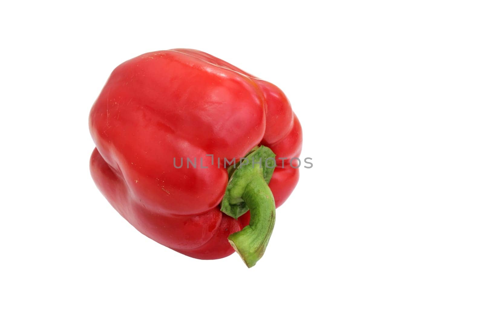 A red pepper with a green stem on a white background.