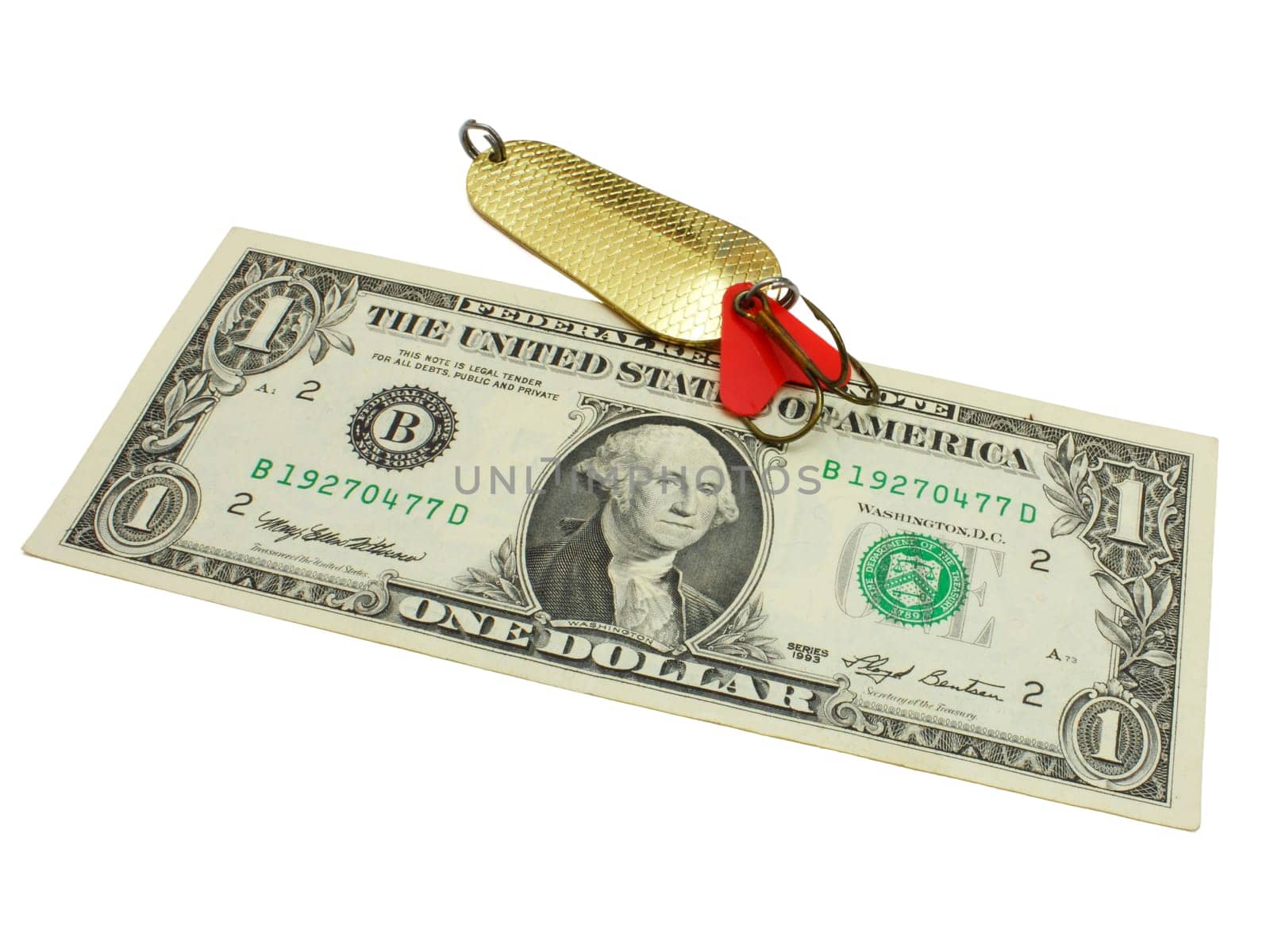 Fishing spoon with dollars isolated on white background.