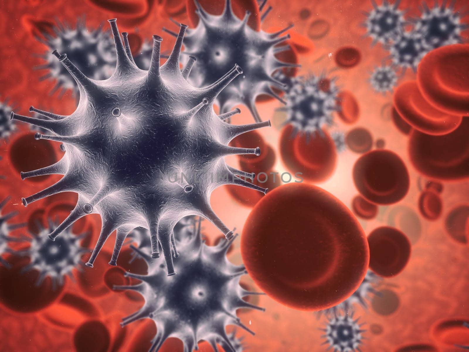 Virus, cell and molecule with abstract, 3d particles or blood plates for disease research. Immune system, micro biology and sick for science, microscope and medical for sepsis or senolytics treatment.
