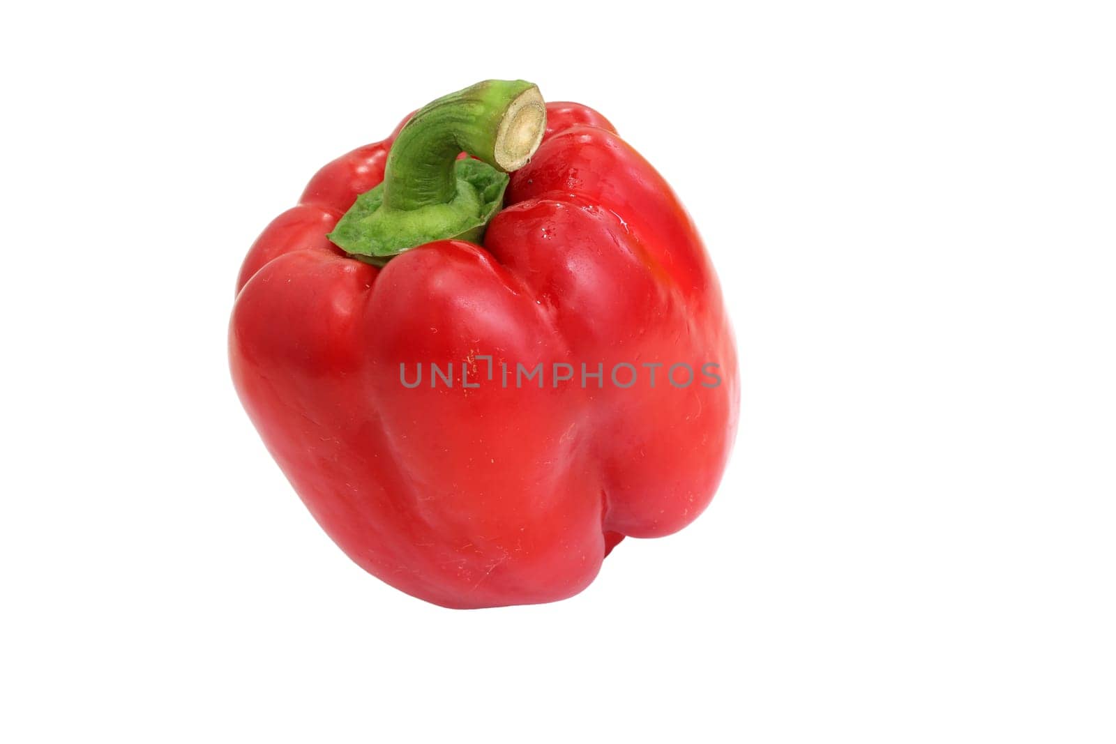 A red pepper with a green stem on a white background.