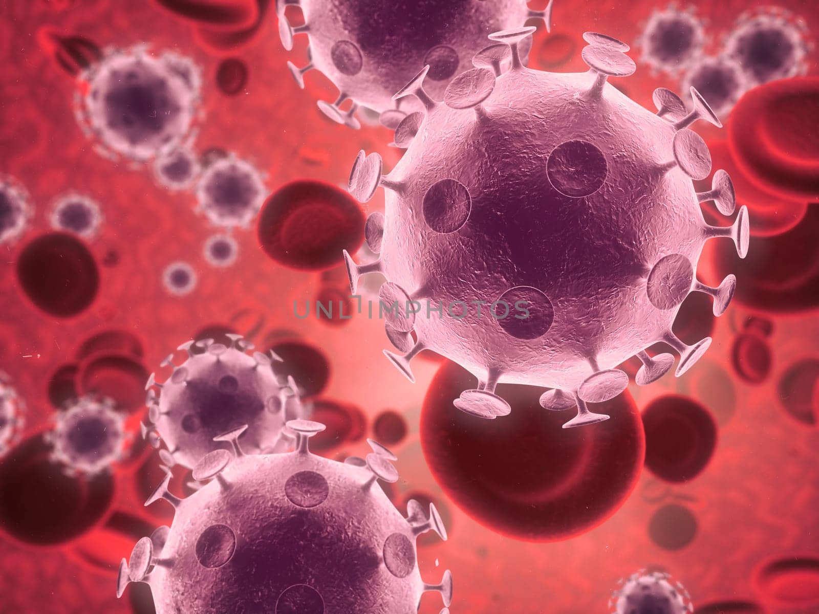 Virus, germ and molecule with abstract, render or illustration of blood cells. Immune system, micro biology and sick for science, microscope and medical research for sepsis or senolytics treatment.