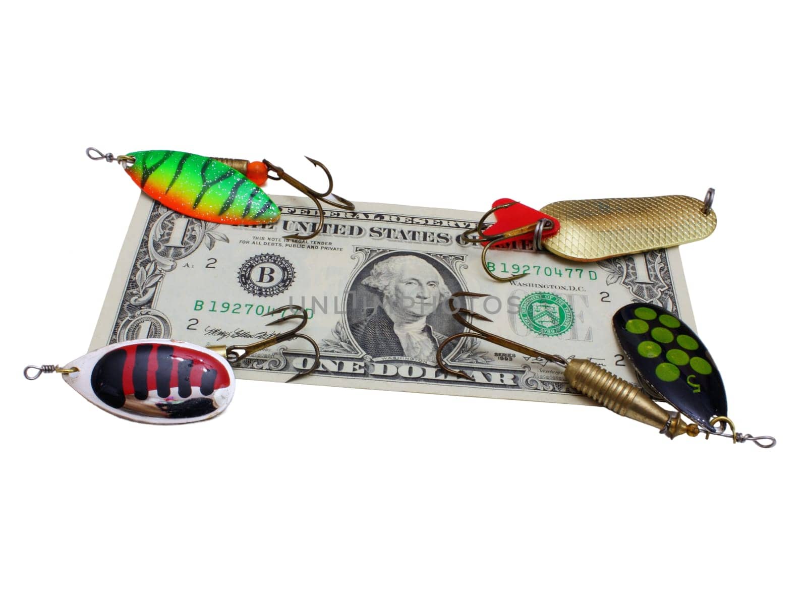 Fishing spoon with dollars isolated on white background.