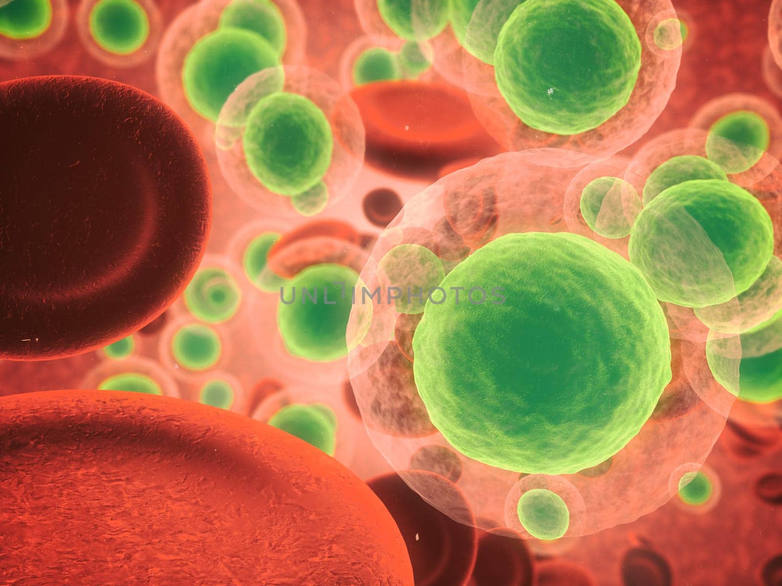 Bacteria, cell and particle with abstract, render or illustration of blood virus. Immune system, micro biology and sick for science, microscope and medical research for sepsis or senolytics treatment by YuriArcurs