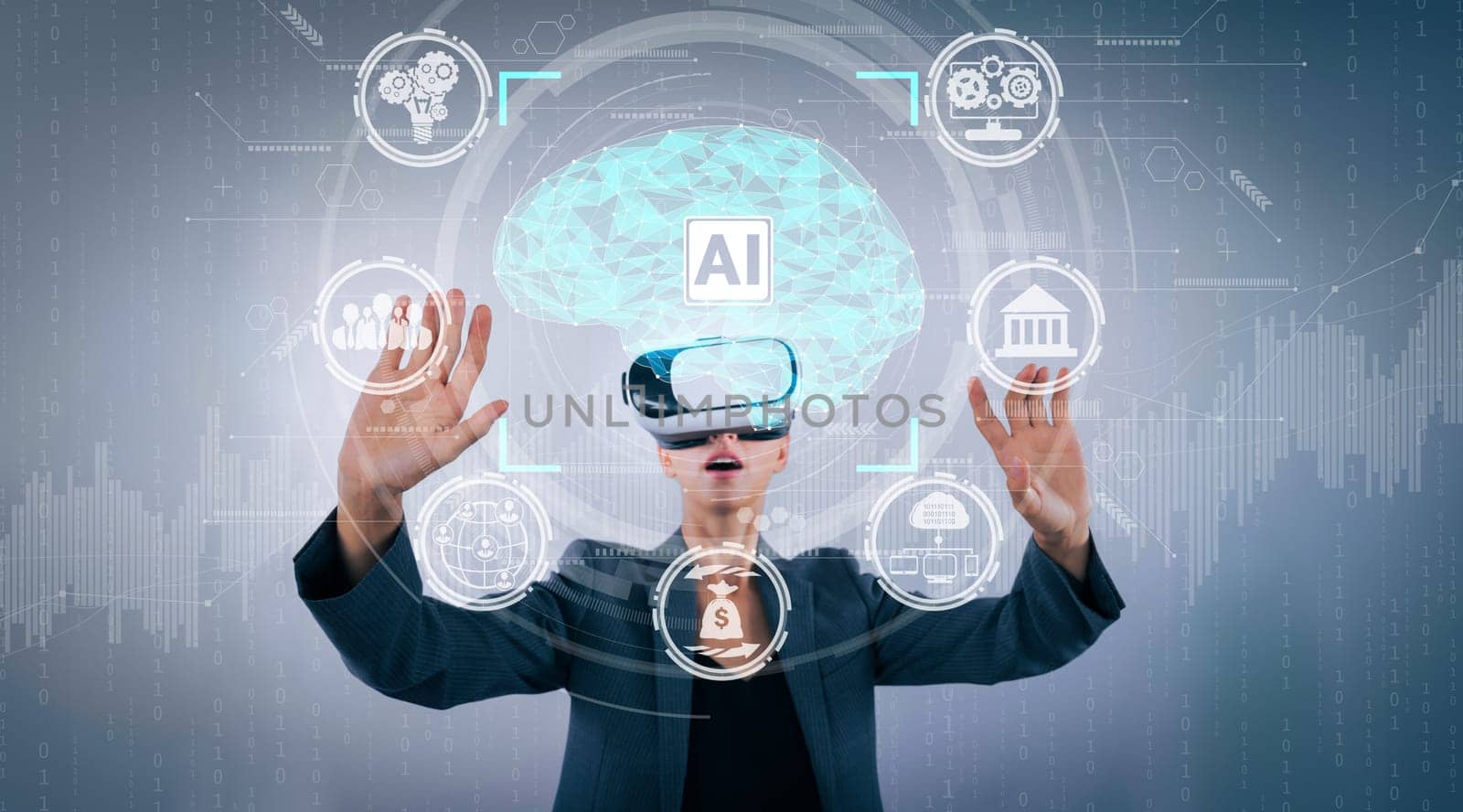 Businesswoman using AI generated while looking at holographic icon. Skilled project manager pointing at coding engineering prompt and programing system while standing at gray background. Contraption.