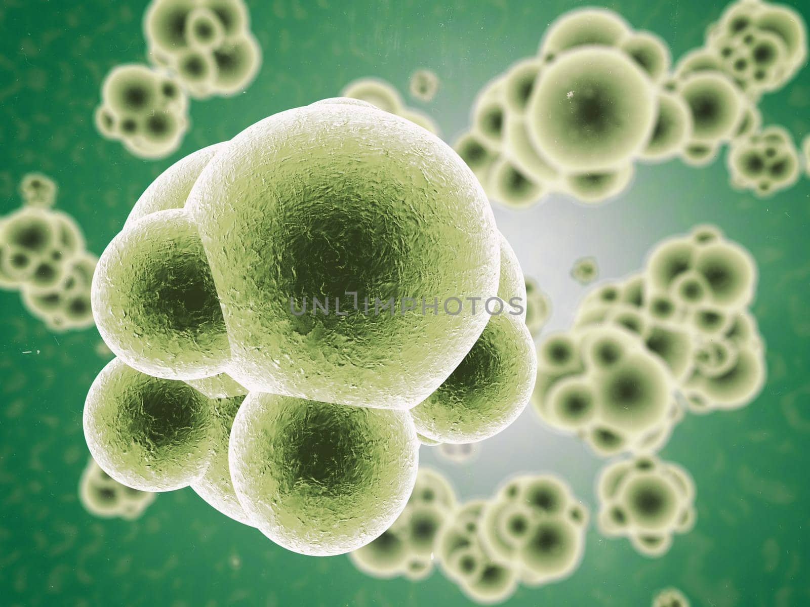 Bacteria, particle and molecule with abstract, render or illustration of virus. Immune system, micro biology and sick for science, microscope and medical research for sepsis or senolytics treatment.