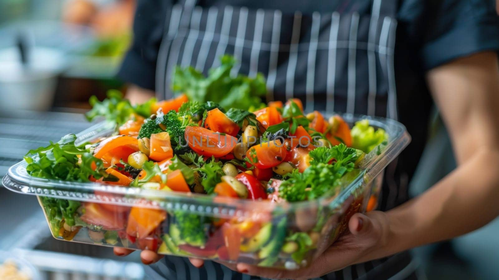 A person holding a plastic container of fresh vegetables