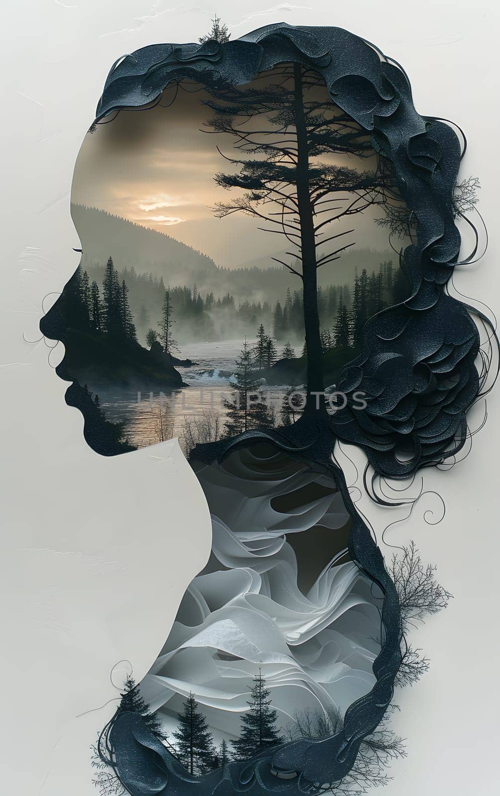A mysterious piece of art featuring a womans jawline merging with the forest, capturing a surreal blend of beauty and nature