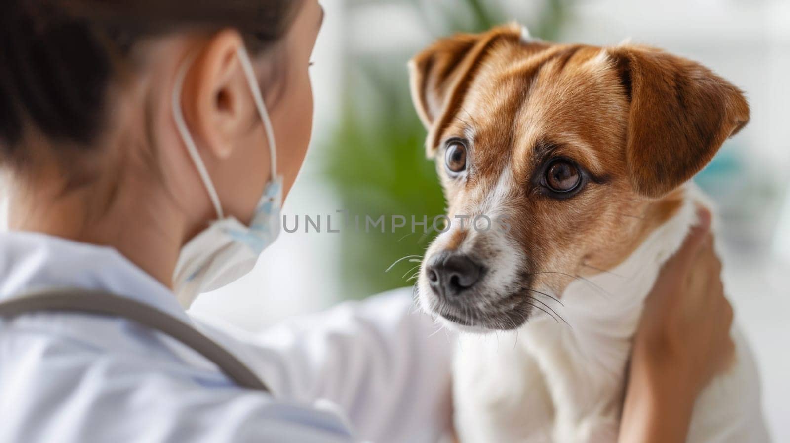 A woman holding a dog while wearing a stethoscope