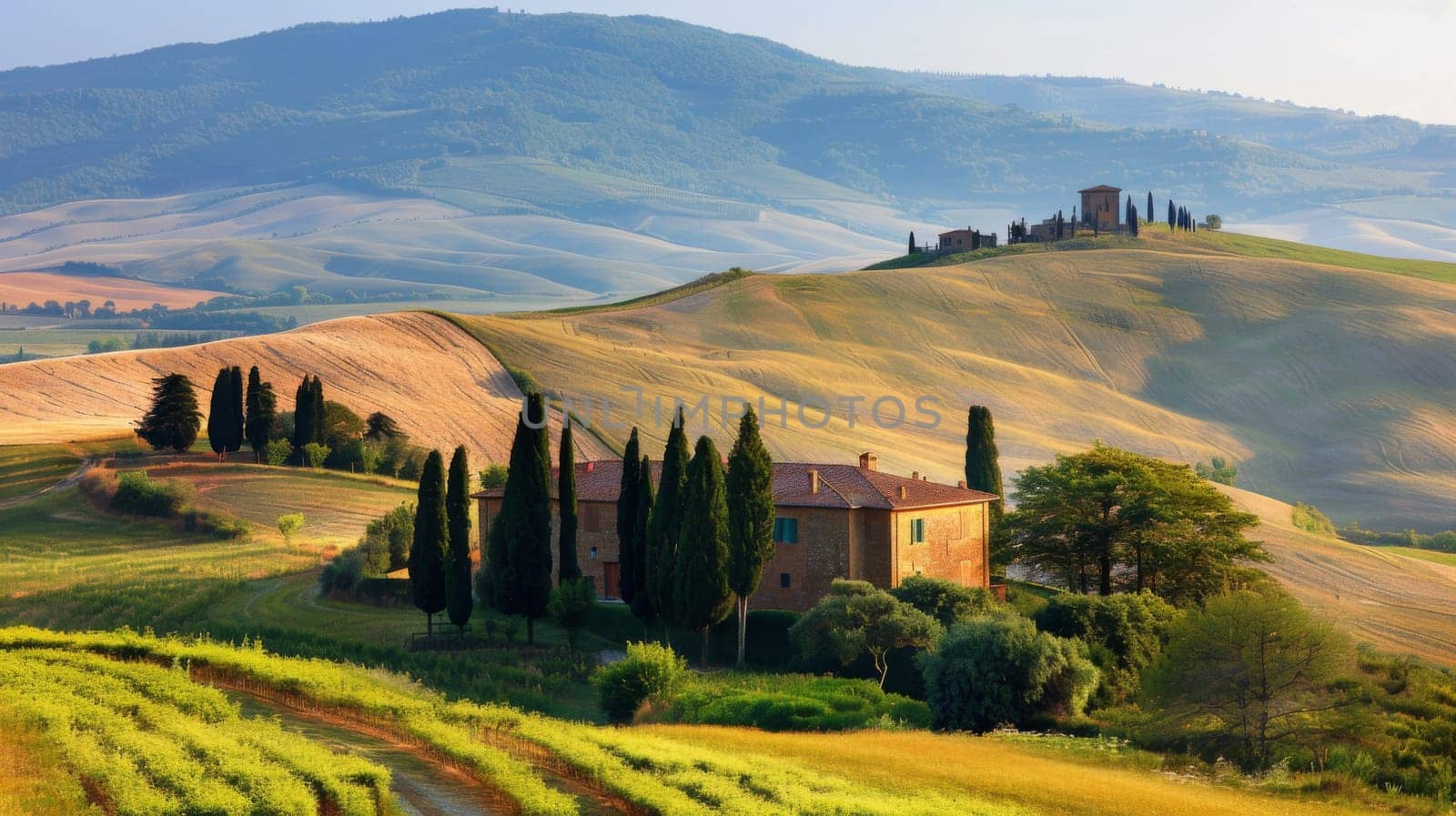 A view of a house on top of the hill with trees, AI by starush