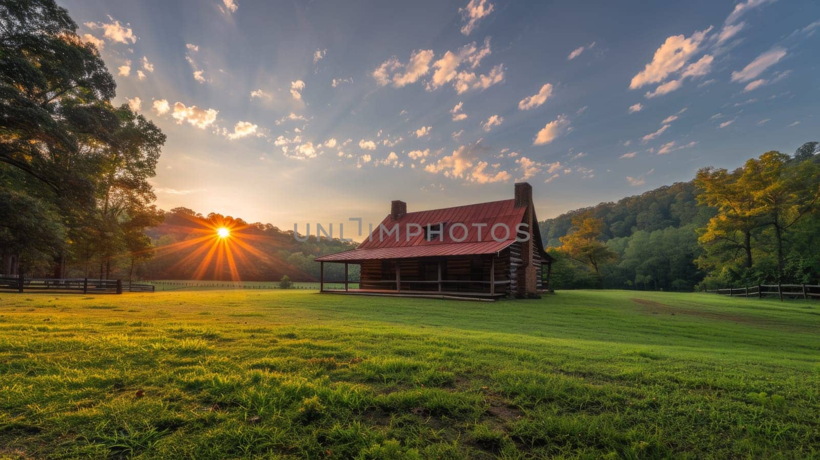 A small cabin sitting in a field with the sun setting behind it, AI by starush