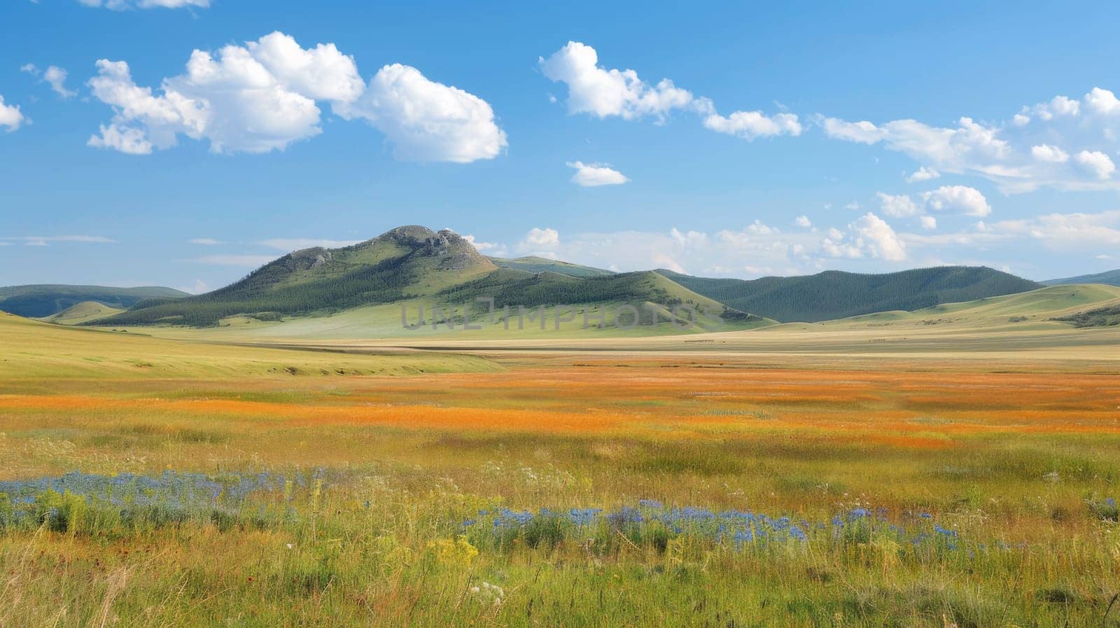 A large open field with mountains in the background