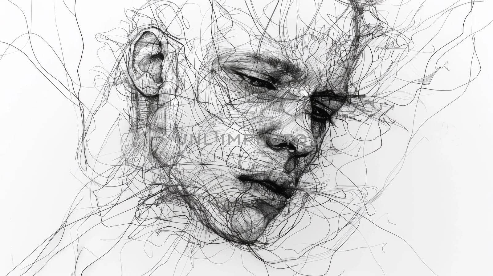 A drawing of a man's face with many lines