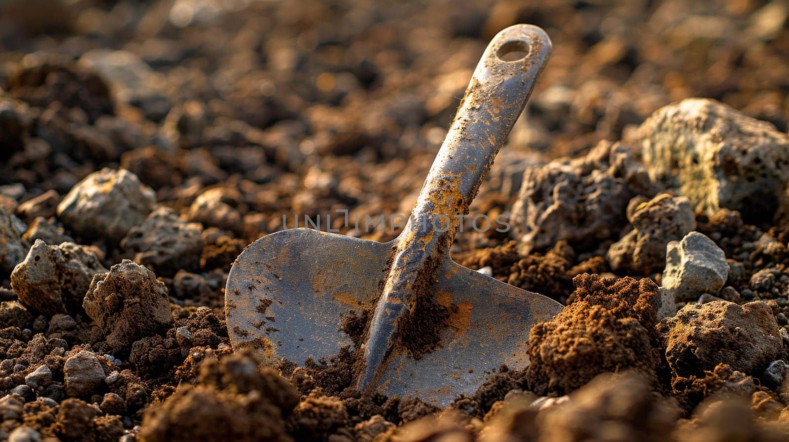 A shovel laying in the dirt with a bunch of rocks around it