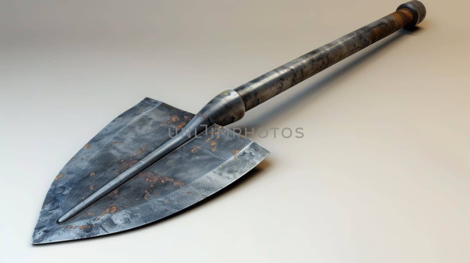 A large metal shovel with a wooden handle on top of it