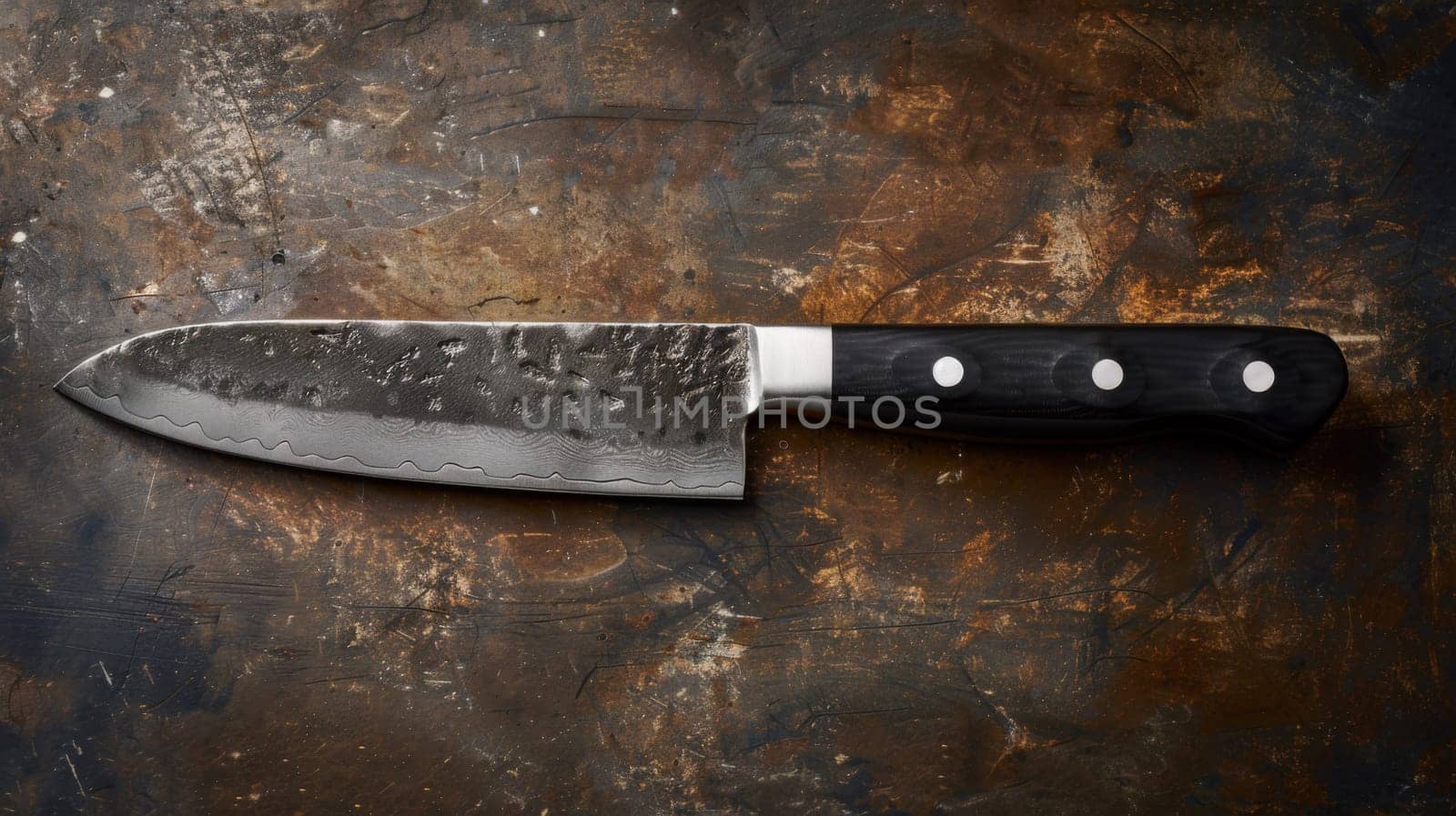 A large knife sitting on a rusty surface with black and white spots