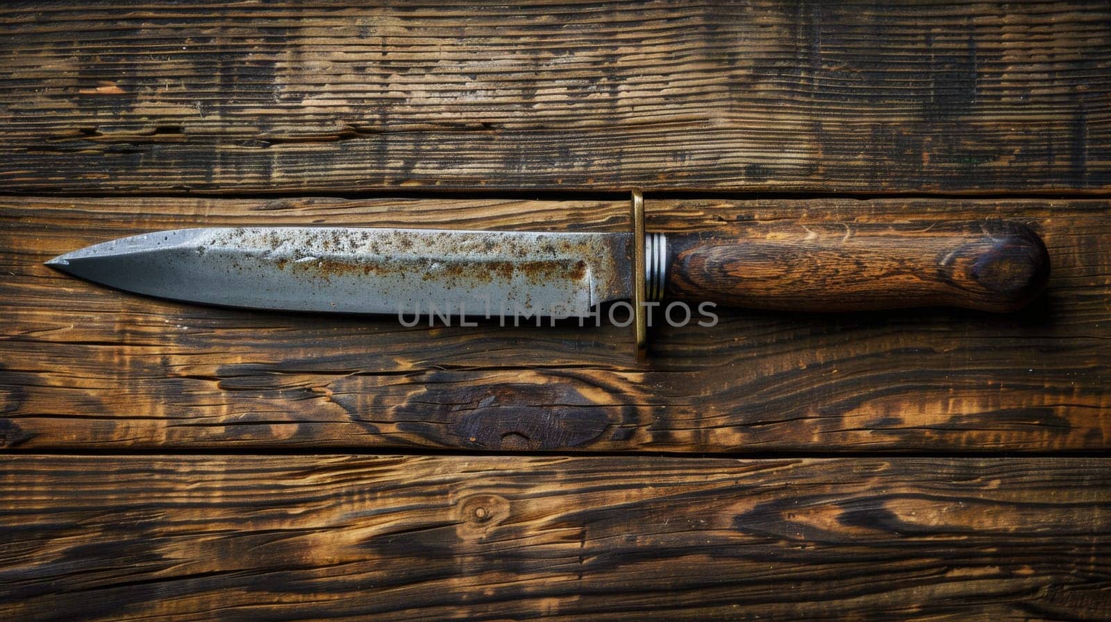 A rusty knife on a wooden table with rust stains, AI by starush