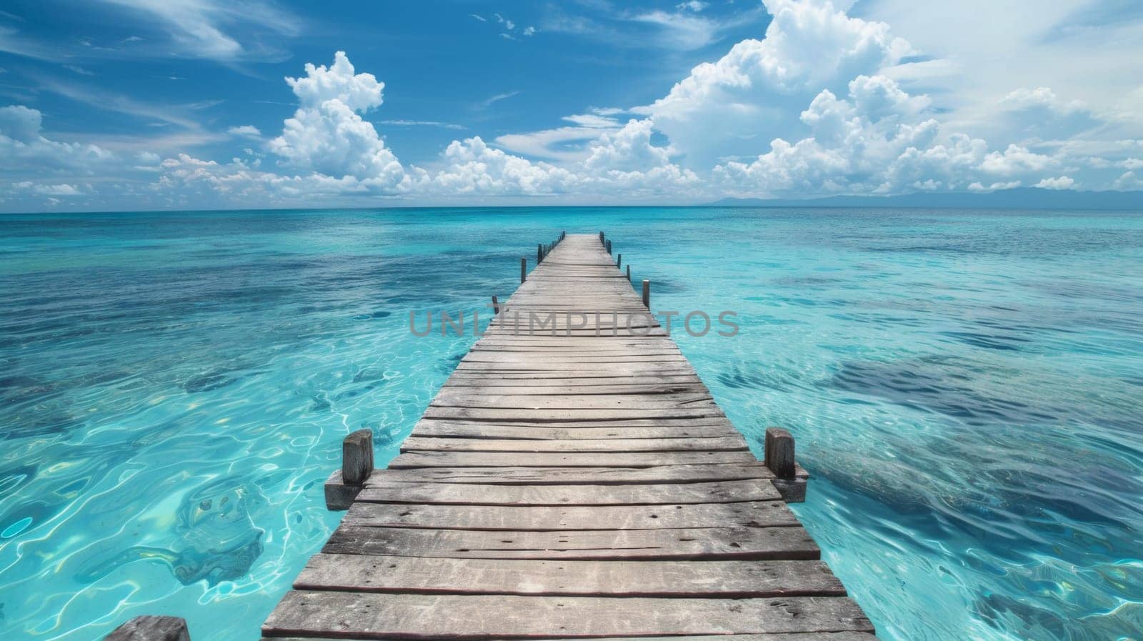 A wooden pier leading into the ocean with clouds in the sky, AI by starush