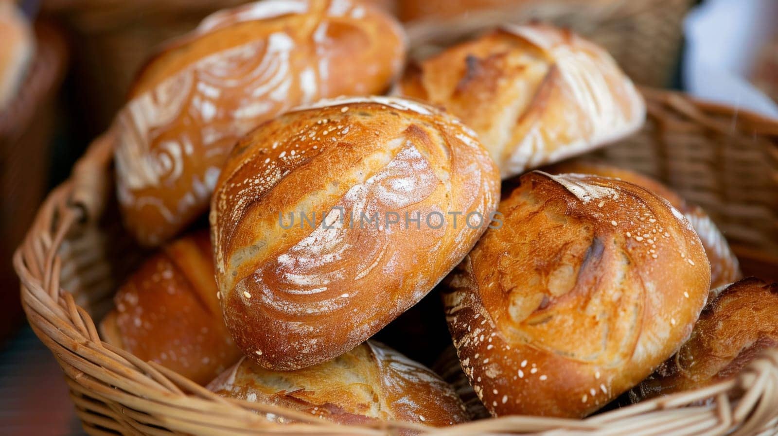 A basket of bread is sitting in a brown wicker bowl, AI by starush