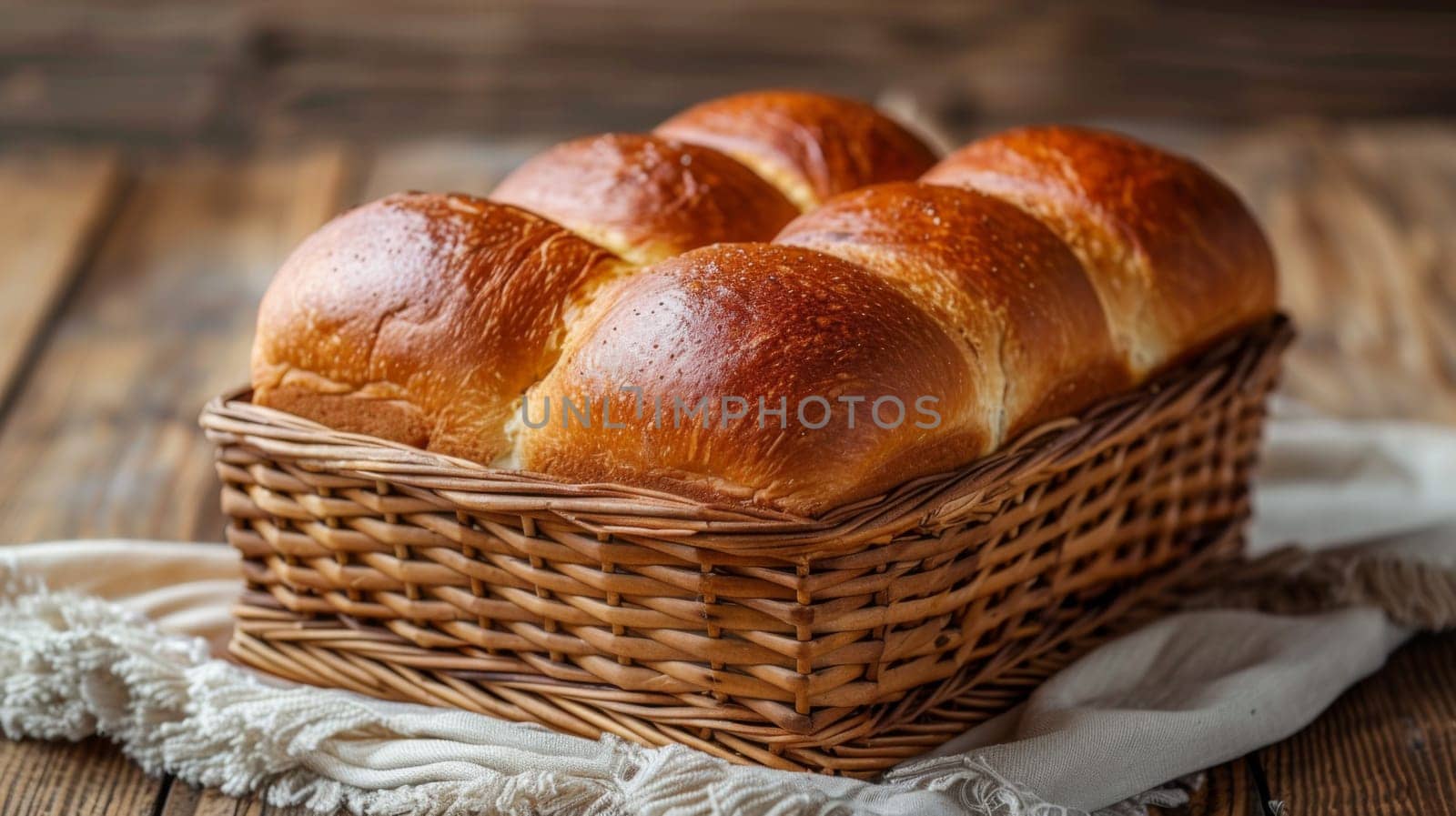 A basket of fresh bread in a woven wicker tray, AI by starush