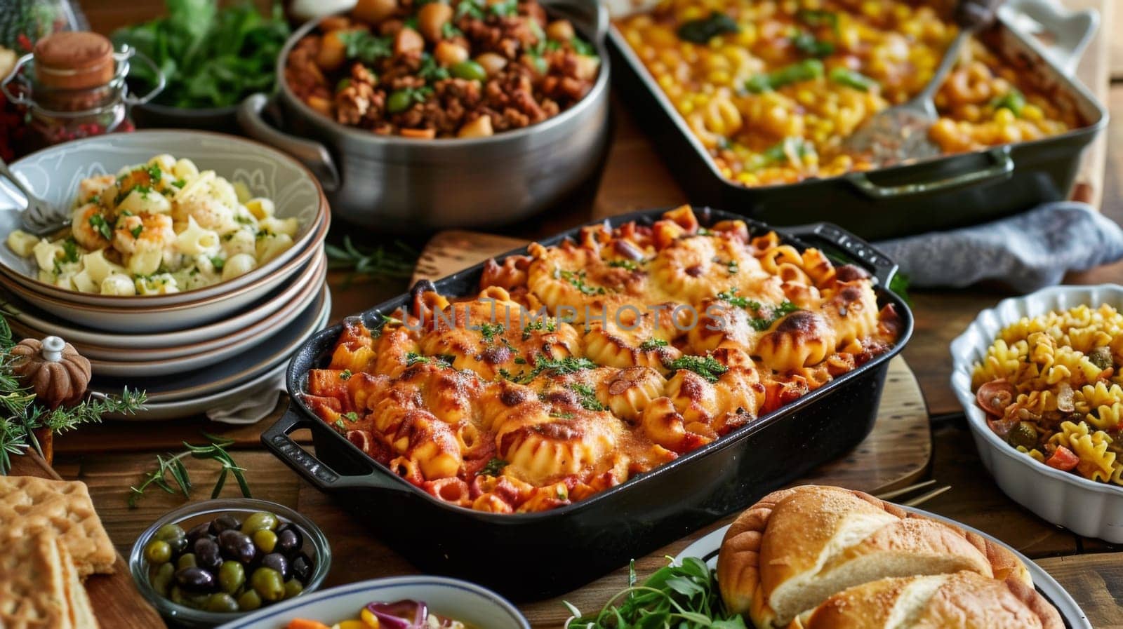 A table topped with a variety of food including pasta, bread and vegetables