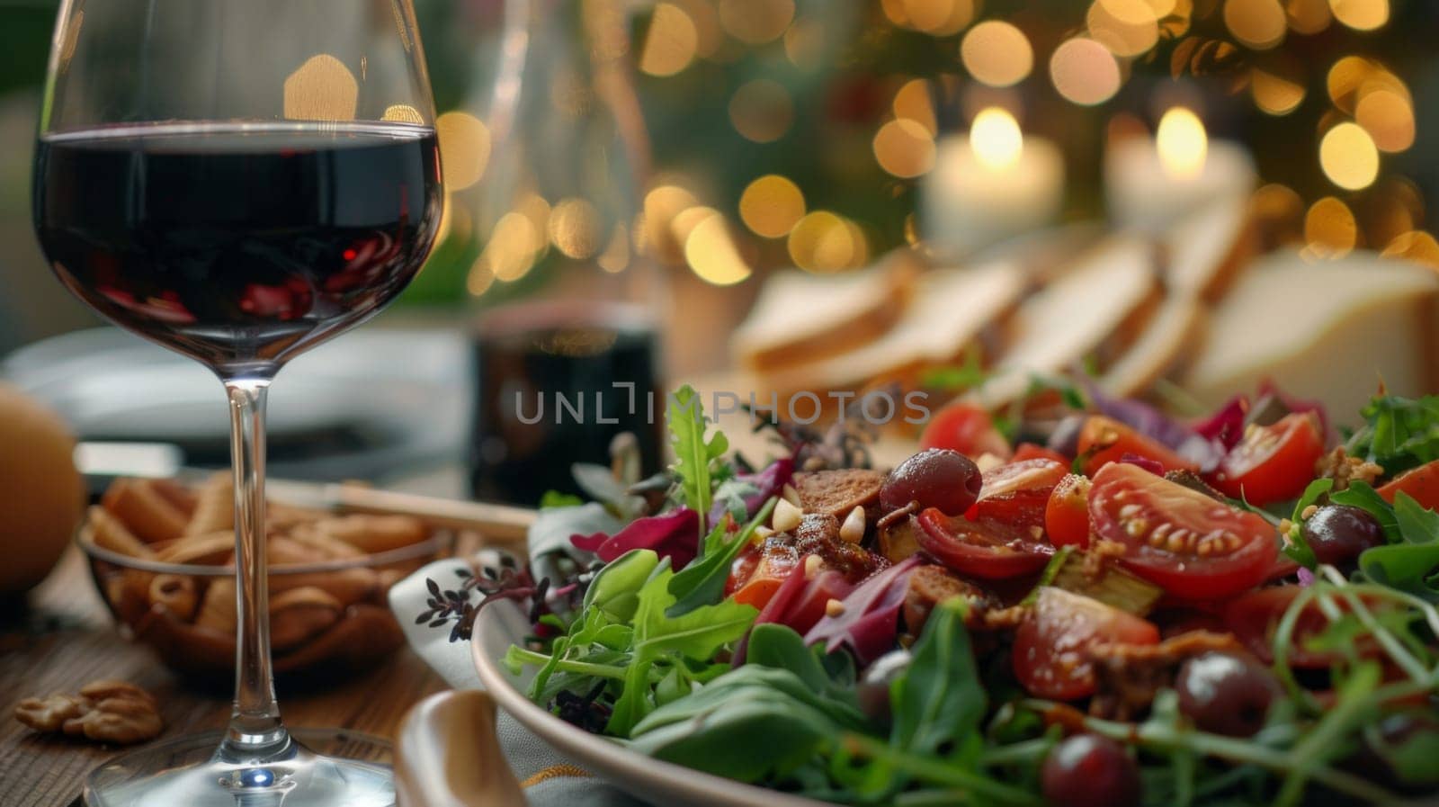 A glass of a plate with salad and wine on the table
