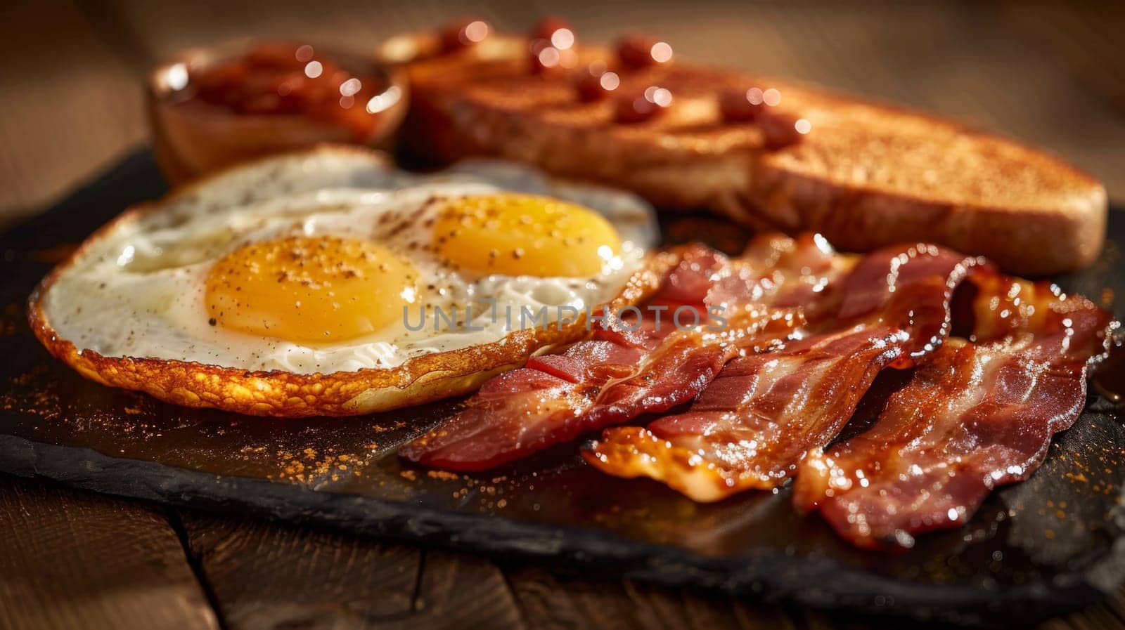 A plate of bacon, eggs and toast with ketchup on it