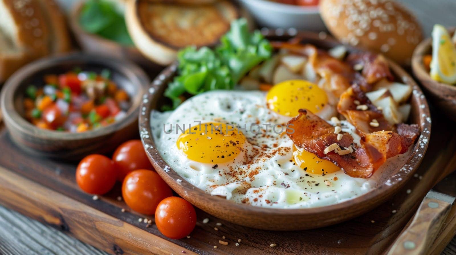 A wooden cutting board topped with a bowl of eggs, tomatoes and bacon