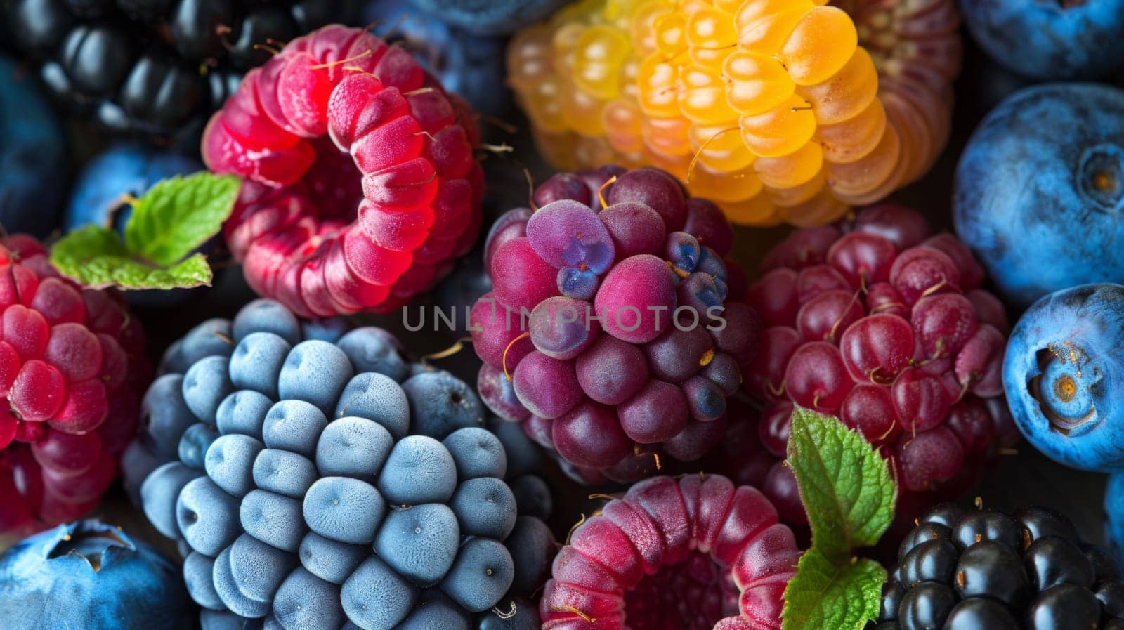 A close up of a bunch of different colored berries and leaves